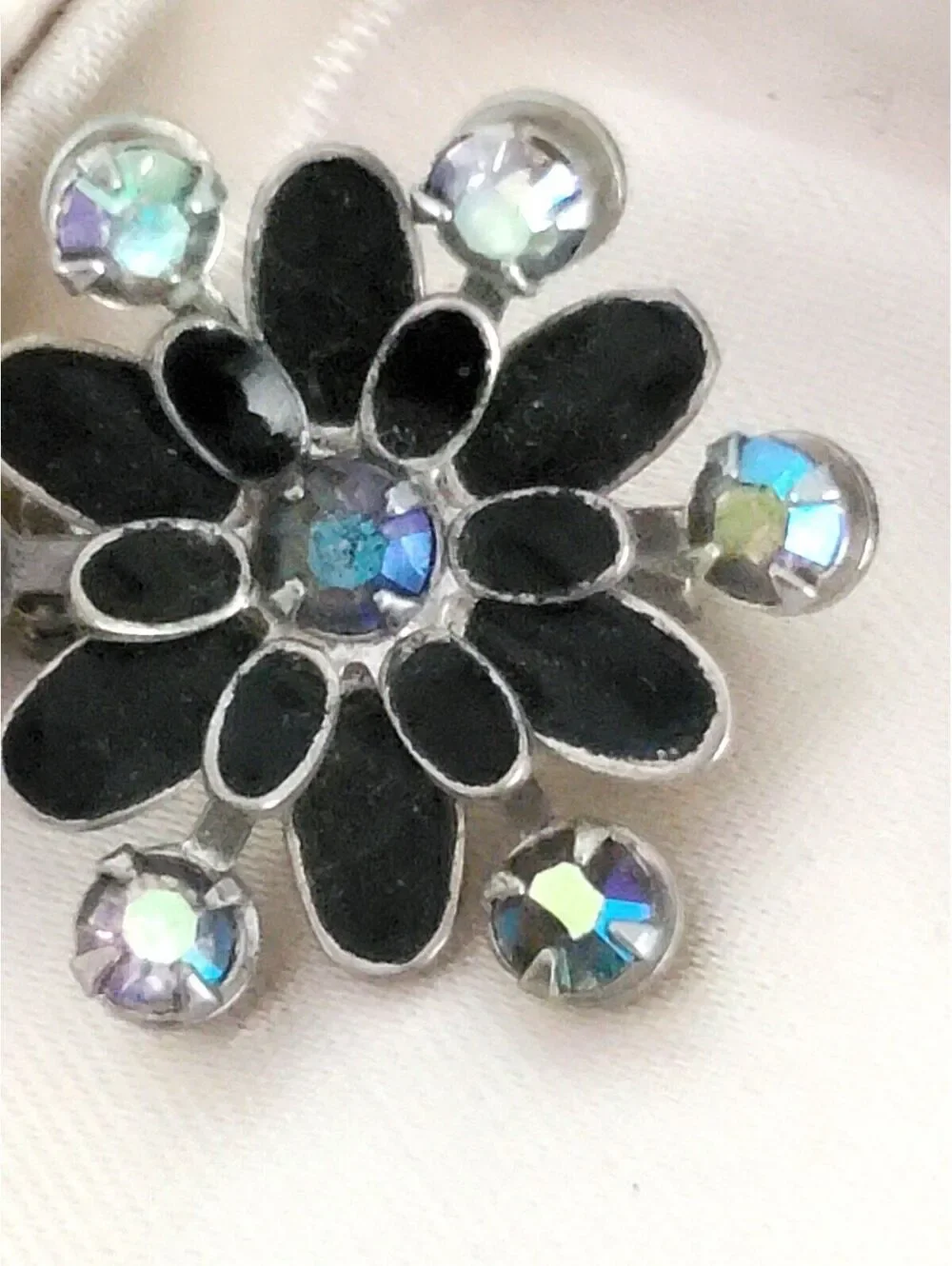 Vintage Pair of Mini Black Enamel AB Floral Brooches Pins